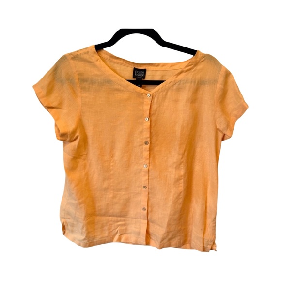 Eileen Fisher Tops - Eileen Fisher Petite Orange Linen Short Sleeve Button Front Top Size PXL